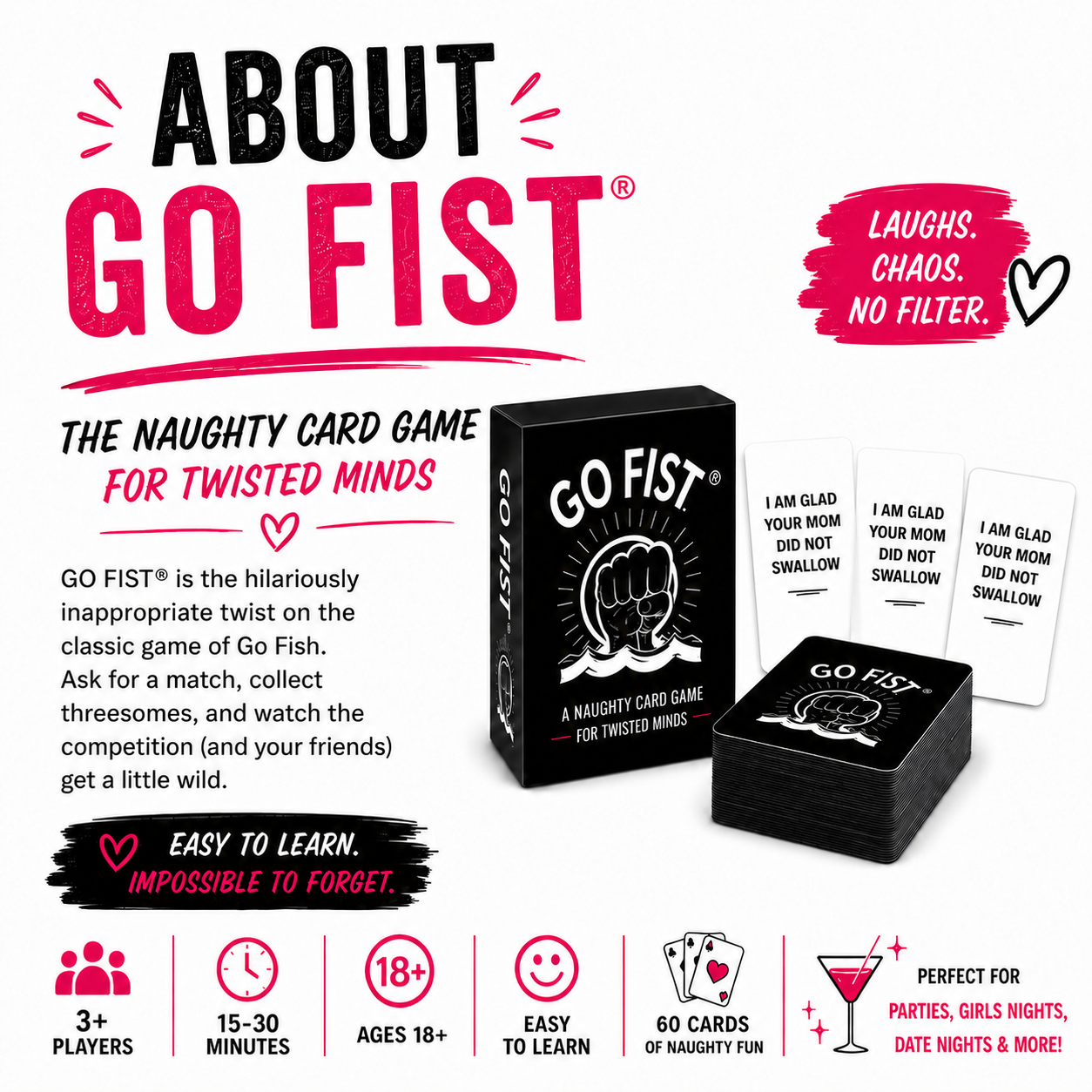 About the GO FIST matching card game for 3 or more adults
