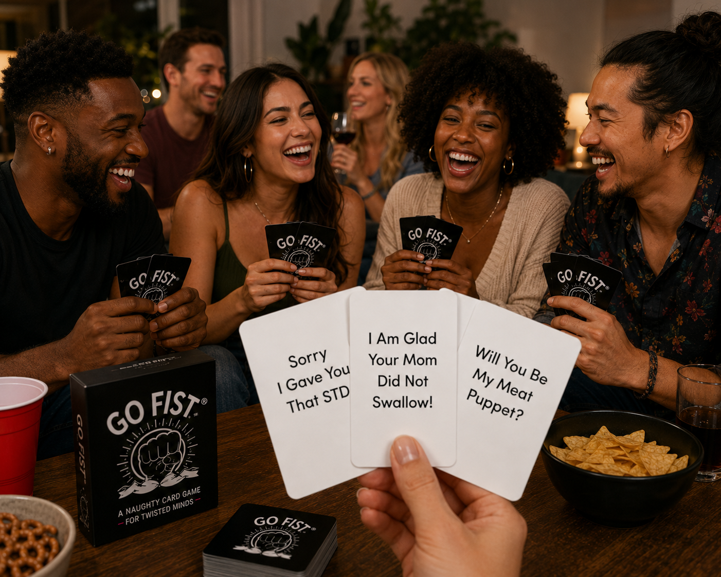 Friends laughing and playing the GO FIST adult card game