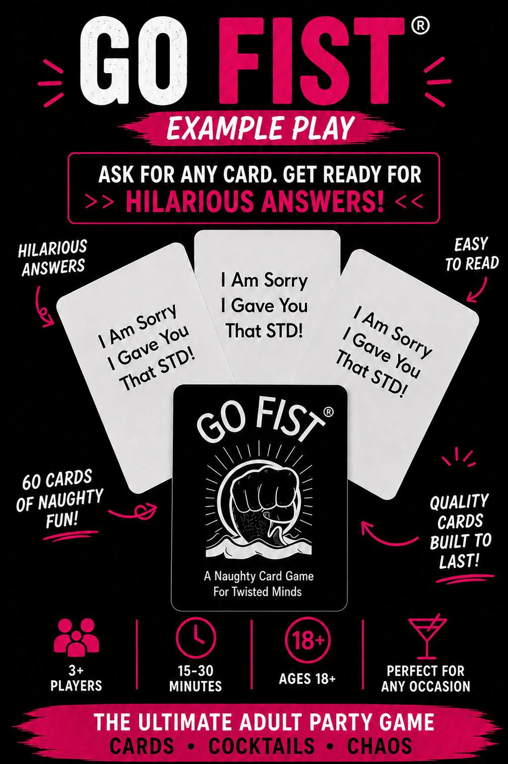 Example cards and gameplay from the GO FIST adult party game