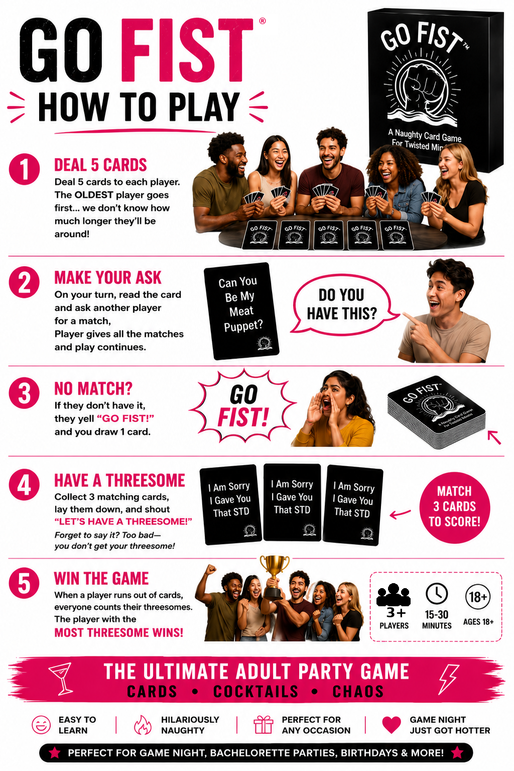 How to play GO FIST adult matching card game for 3 or more players